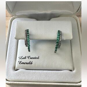 NWT 925 Sterling Silver Emerald & White Sapphire 2 Row Earrings Lab Created